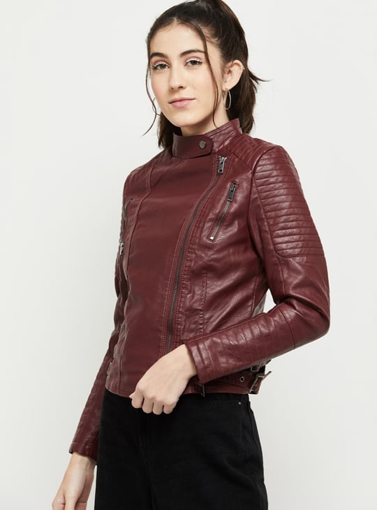 Women Solid Full Sleeves Biker Jacket