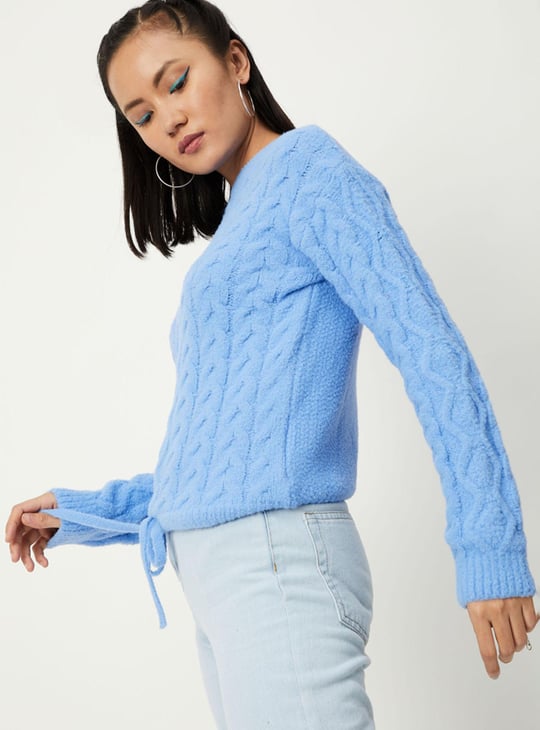 Women Cable Knit Fuzzy Sweater with Tie-Up Hem