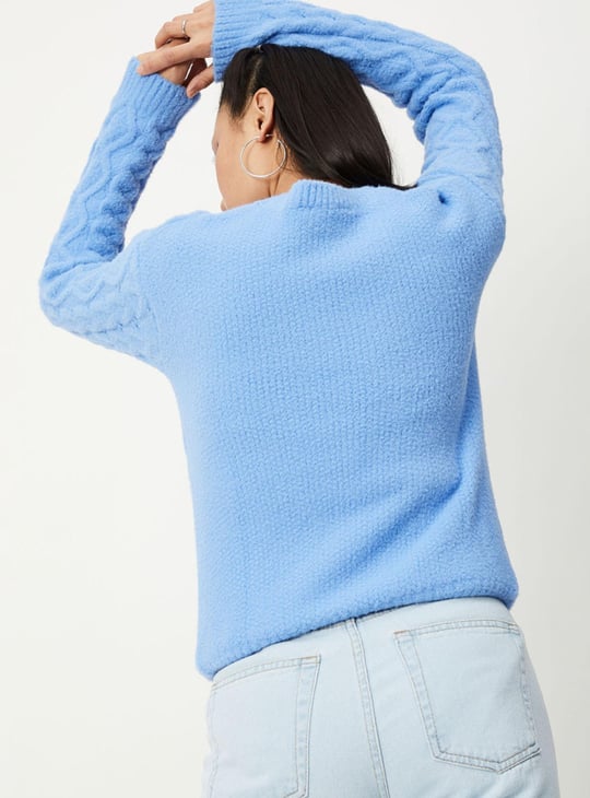 Women Cable Knit Fuzzy Sweater with Tie-Up Hem