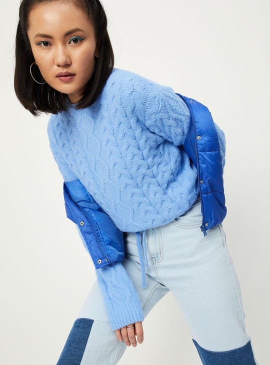 Women Cable Knit Fuzzy Sweater with Tie-Up Hem