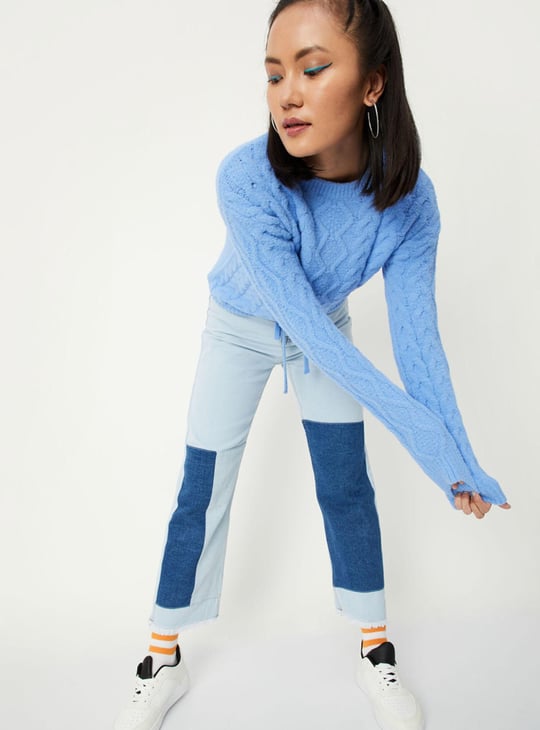 Women Cable Knit Fuzzy Sweater with Tie-Up Hem