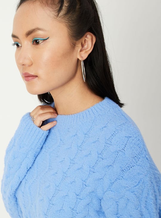 Women Cable Knit Fuzzy Sweater with Tie-Up Hem