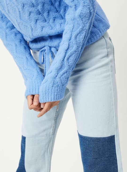 Women Cable Knit Fuzzy Sweater with Tie-Up Hem