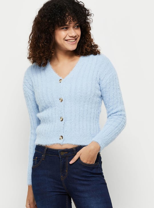 Women Textured Knit V-neck Crop Cardigan 