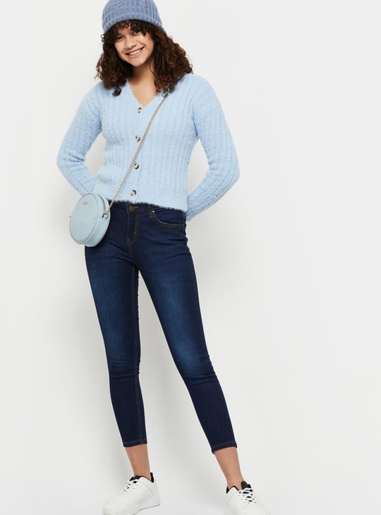 Women Textured Knit V-neck Crop Cardigan 