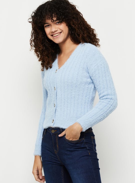 Women Textured Knit V-neck Crop Cardigan 