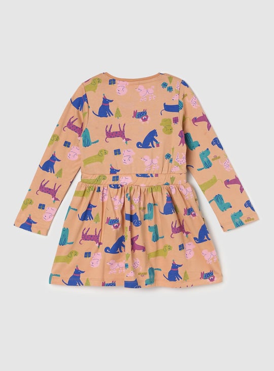 Girls Printed Fit and Flare Dress with Long Sleeves