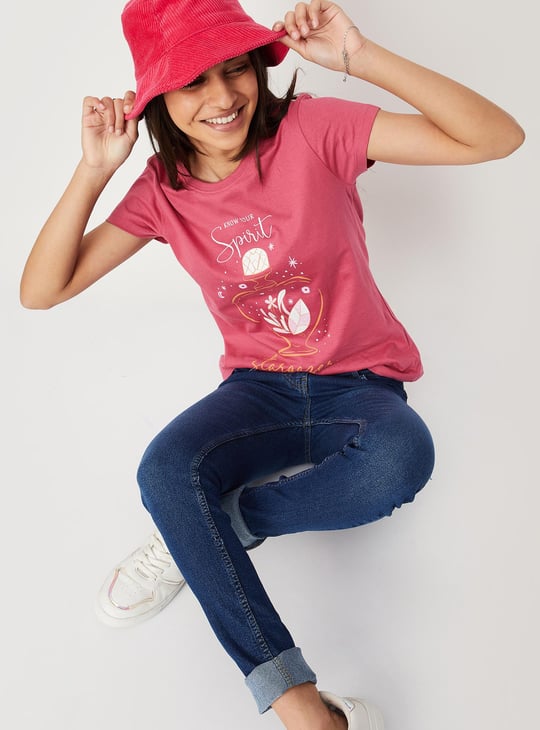 Girls Pure Cotton Graphic Printed Basic T-shirt