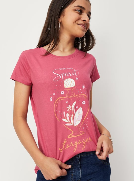 Girls Pure Cotton Graphic Printed Basic T-shirt