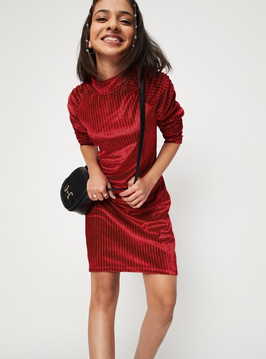 Girls Embellished Full Sleeves High Neck A-Line Dress