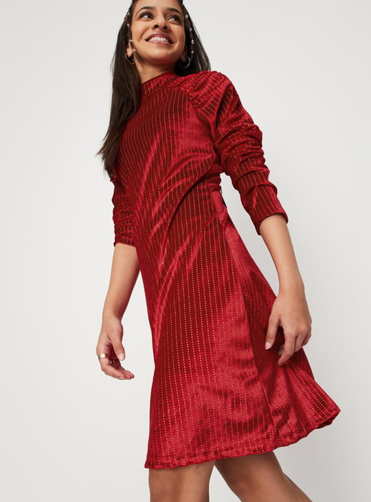 Girls Embellished Full Sleeves High Neck A-Line Dress