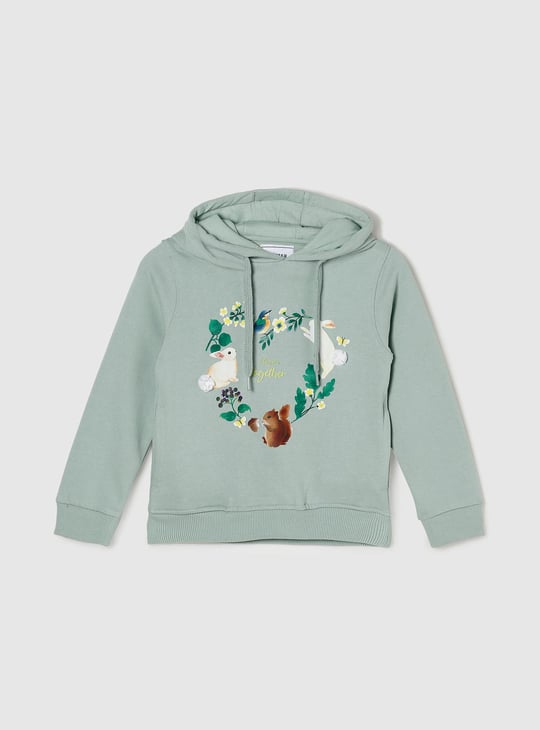 Girls Floral Printed Full Sleeves Hooded Sweatshirt Mint Green