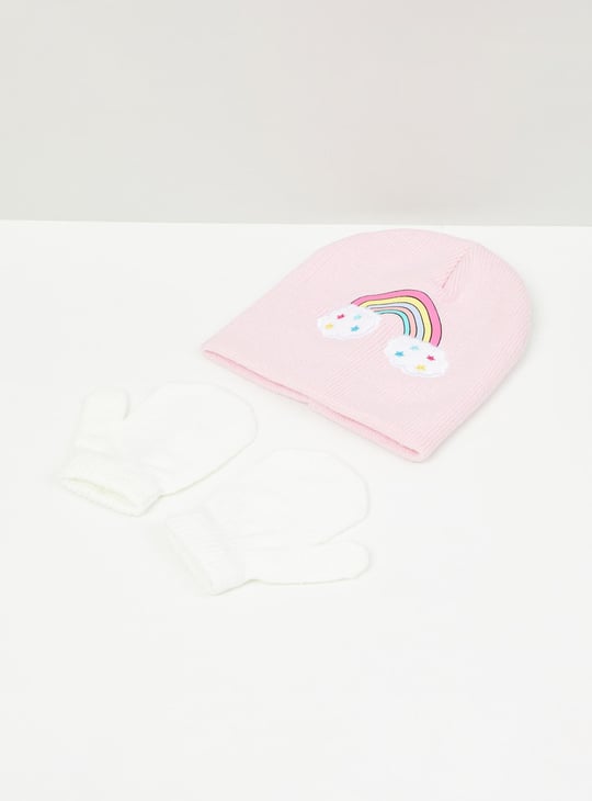 Girls Rainbow Printed Beanie Cap with Mittens