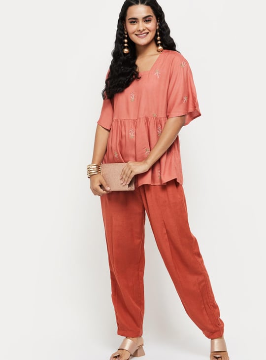 Women Solid Drawstring Waist Ethnic Pants 