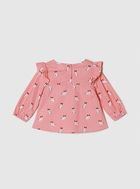 Girls Graphic Print Ruffle Neck Top 