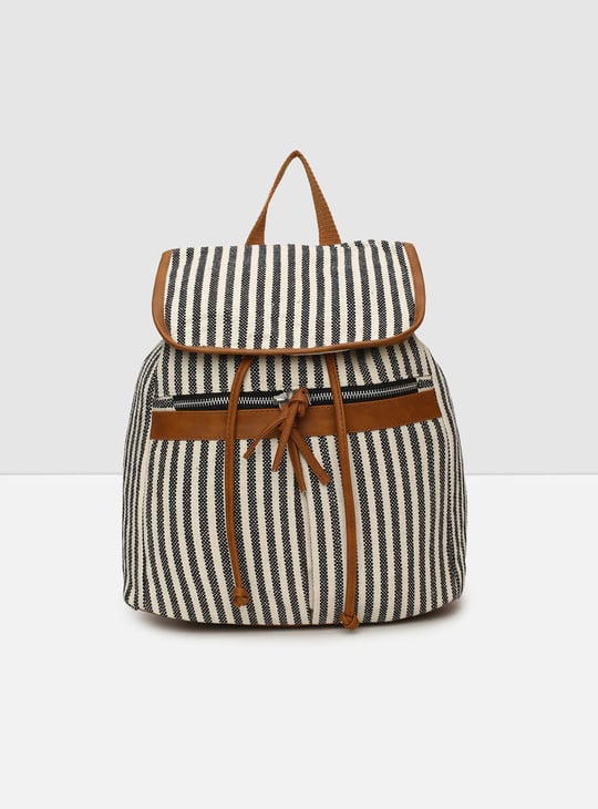 Women Striped Drawstring Closure Backpack Beige Cotton