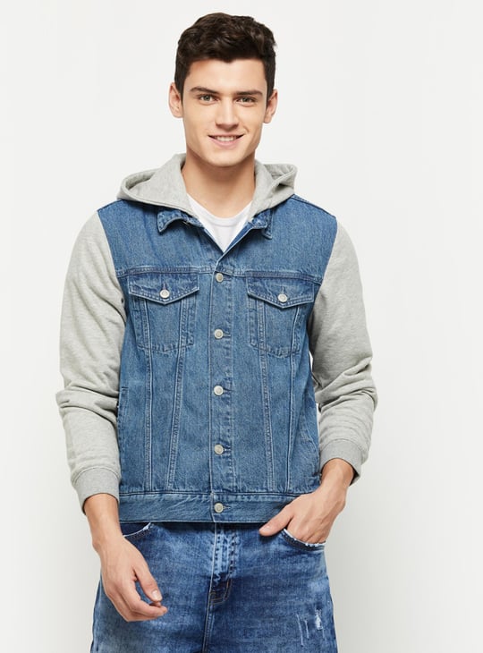Men Solid Hooded Denim Jacket