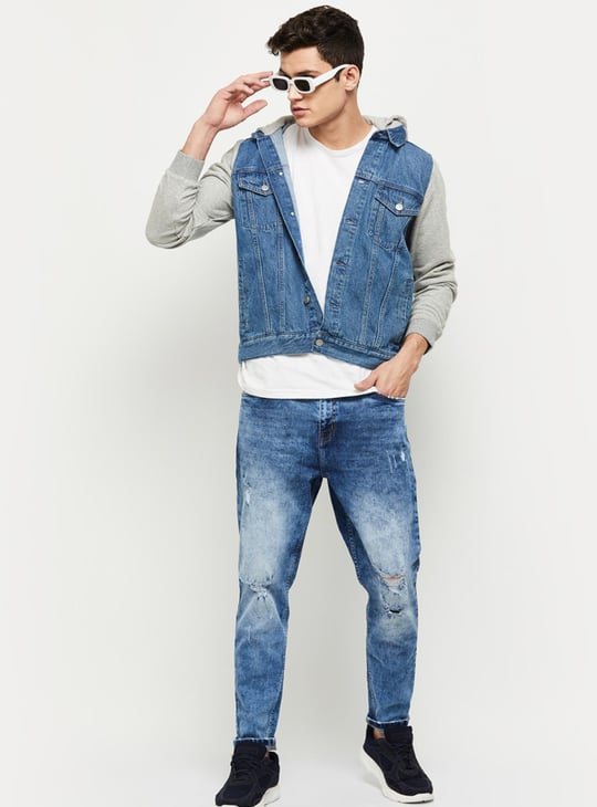 Men Solid Hooded Denim Jacket