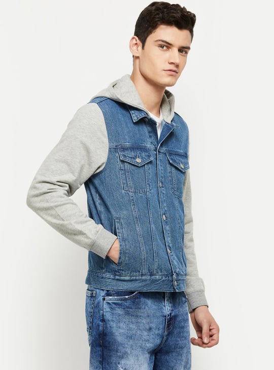 Men Solid Hooded Denim Jacket