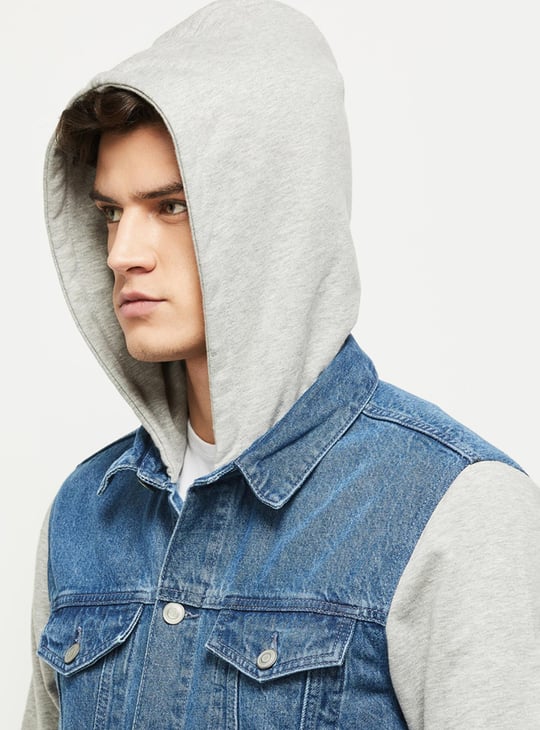 Men Solid Hooded Denim Jacket