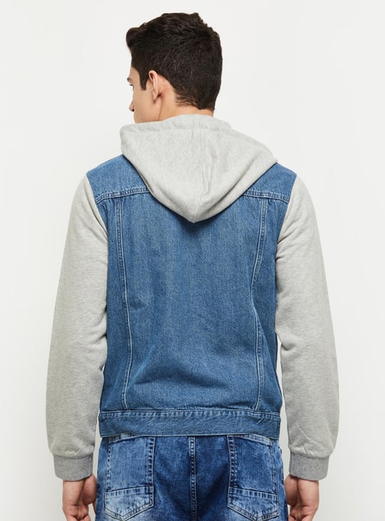 Men Solid Hooded Denim Jacket