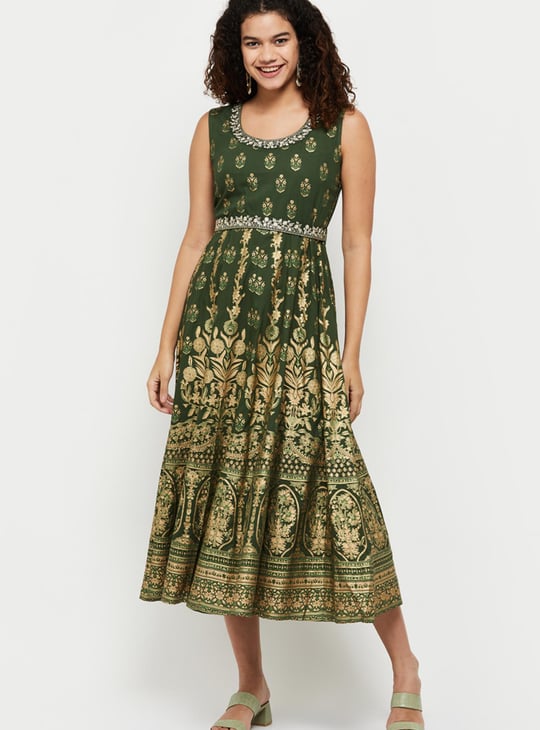 a line ethnic dress White Pure Cotton A-line Midi Ethnic Dresses  Rain & Rainbow