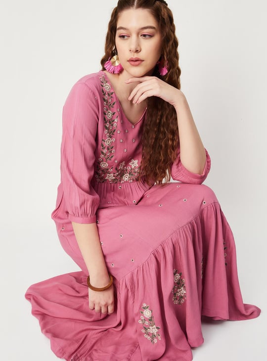 Women Embroidered V-neck Maxi Dress | Pink | Embroidered