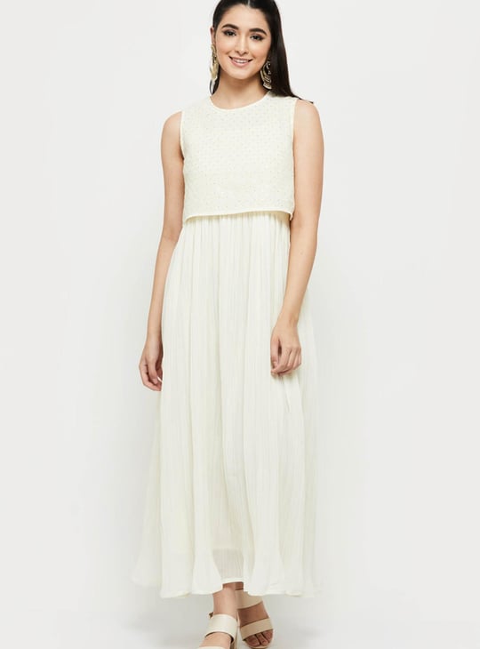 Women Solid A-line Dress With Embellished Crop Top 