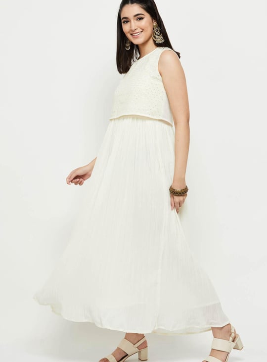 Women Solid A-line Dress With Embellished Crop Top 