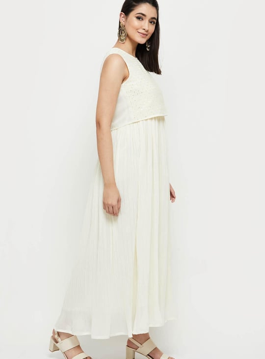 Women Solid A-line Dress With Embellished Crop Top 