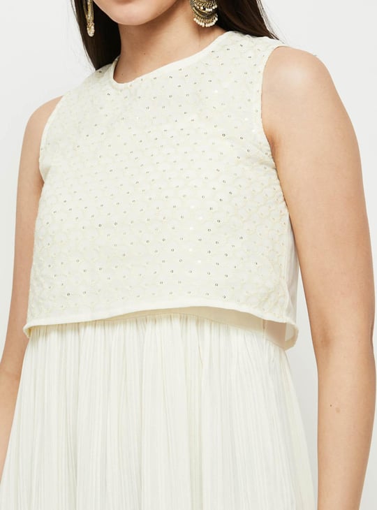 Women Solid A-line Dress With Embellished Crop Top 