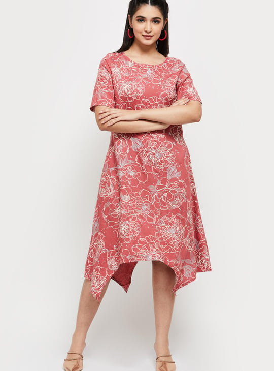 Women Floral Printed Asymmetric Hem Midi Dress