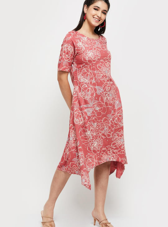 Women Floral Printed Asymmetric Hem Midi Dress