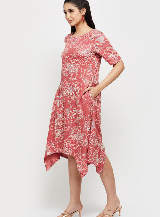 Women Floral Printed Asymmetric Hem Midi Dress