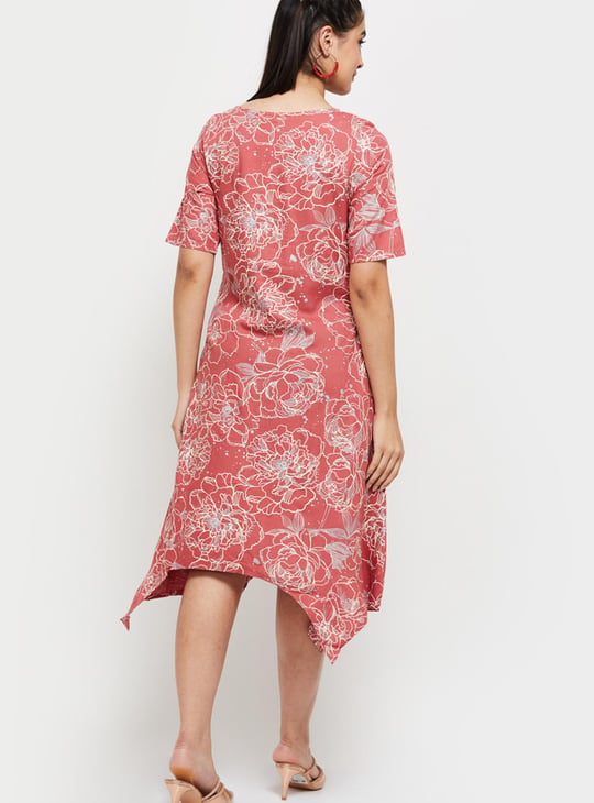 Women Floral Printed Asymmetric Hem Midi Dress