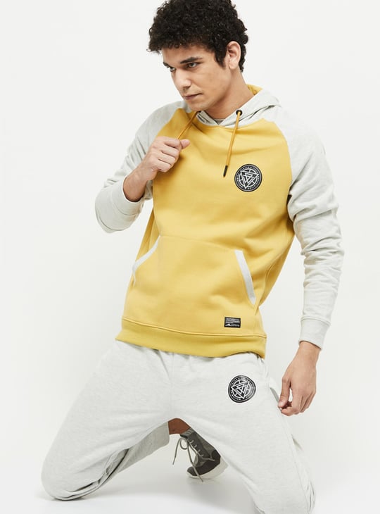 Men Colourblock Hooded Ribbed Sweatshirt