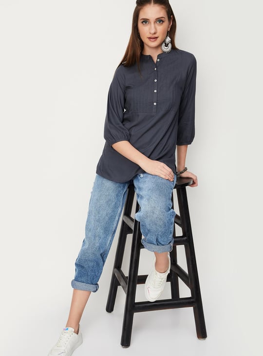 Women Pintuck Band Collar Kurti