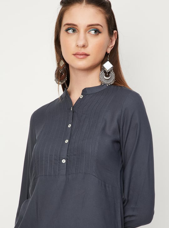 Women Pintuck Band Collar Kurti