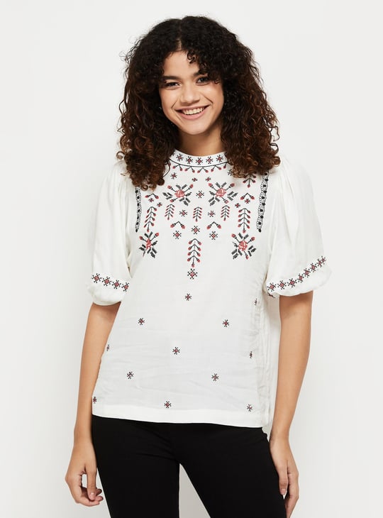 Women Embroidered Band Collar Neck Top