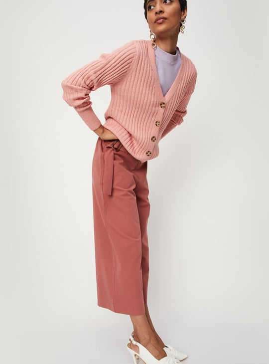 Women Solid Belted Culottes