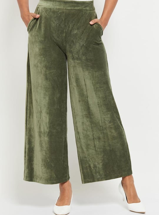 Women Textured Elasticated Waist Flared Corduroy Trousers