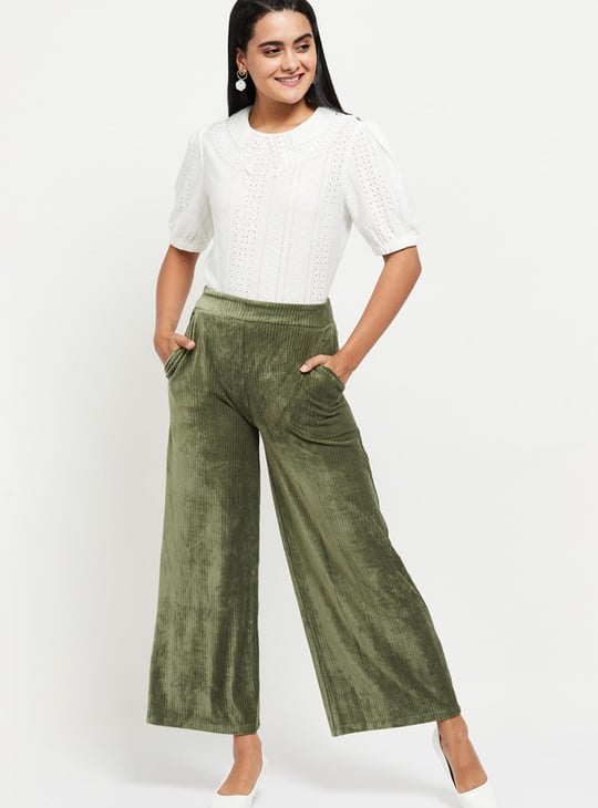 Women Textured Elasticated Waist Flared Corduroy Trousers