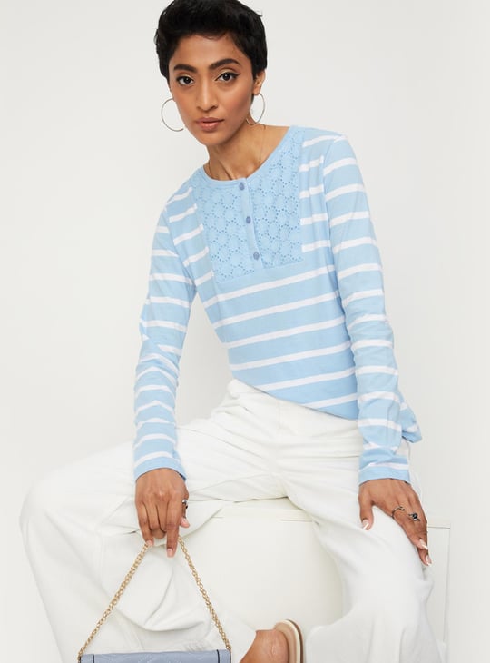 Women Striped Henley T-shirt