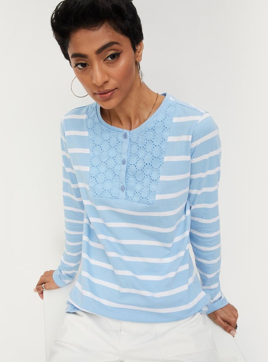 Women Striped Henley T-shirt