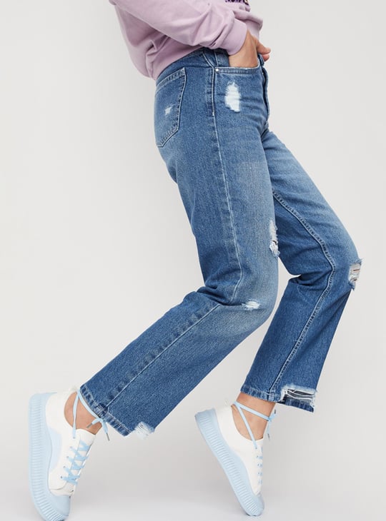 Women Stonewashed Full-Length Mom Fit Distressed Jeans