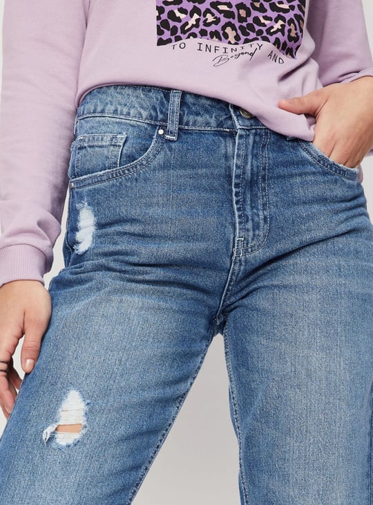 Women Stonewashed Full-Length Mom Fit Distressed Jeans