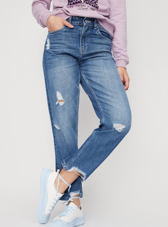 Women Stonewashed Full-Length Mom Fit Distressed Jeans