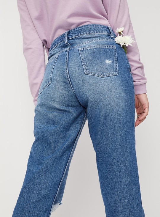 Women Stonewashed Full-Length Mom Fit Distressed Jeans