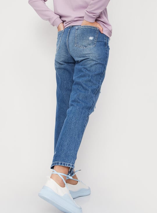 Women Stonewashed Full-Length Mom Fit Distressed Jeans