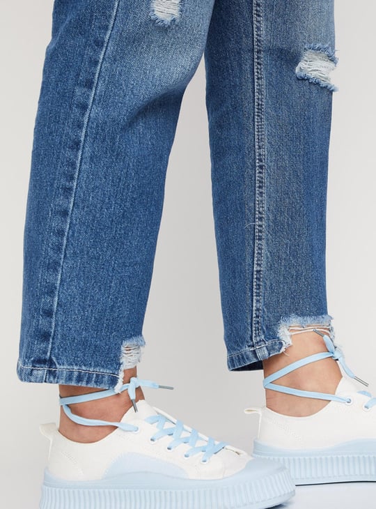 Women Stonewashed Full-Length Mom Fit Distressed Jeans